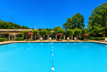 Swimming pool with stone columns and lounge chairs